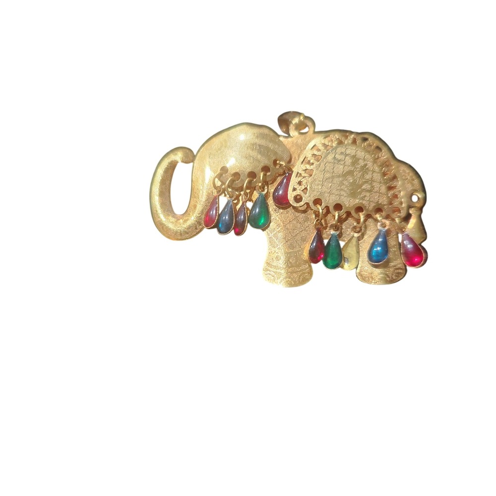 Vintage Gold Tone Elephant Pendant‎ Colorful Dangle Charms Trunk Up Luck